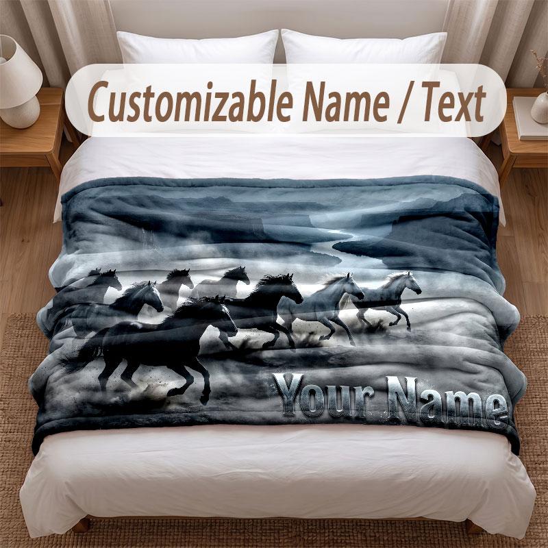 Horse Theme Soft Blanket Personalized Custom Name Text Print Warm Blanket Home Sofa Bedroom Decor