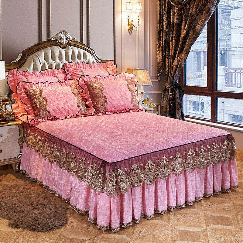 Spitzen-Samt-Tagesdecke, King-Size-Bett, gesteppter Bettrock, Rüschen, elastisch, volle Queen-Bettdecke, Kissenbezüge, weich, warm, europäisch, 3-teilig
