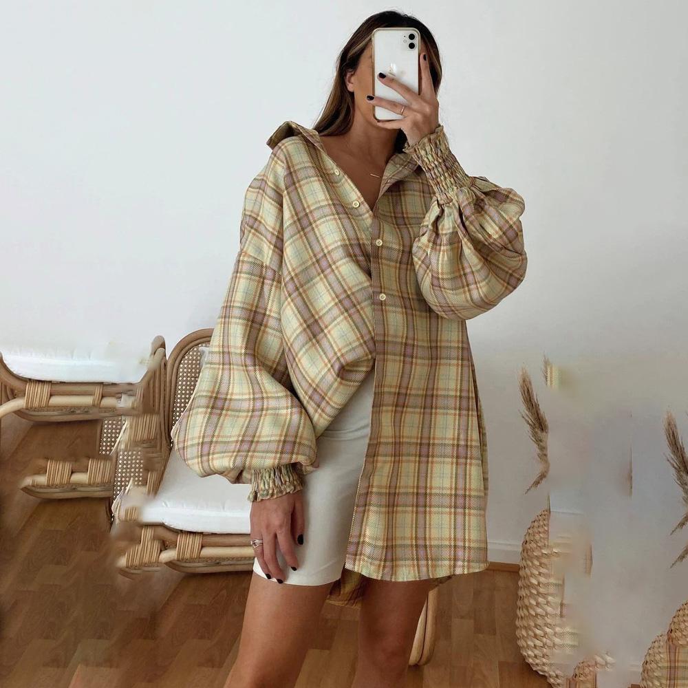 Women Spring Autumn Temperament Large Lapel Collar Plaid Shirt Loose Blouses Long Lantern Sleeve Cardigan S-XL