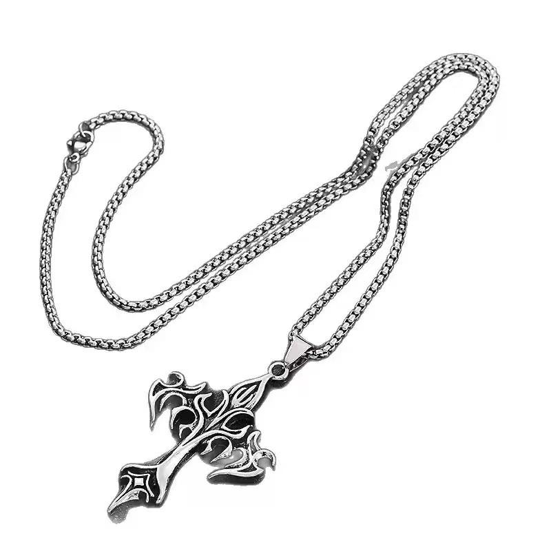 1PCS Fashion Retro Flame Cross Pendant Necklace Men's and Women's Long Chain Punk Gothic Fashion Accessories