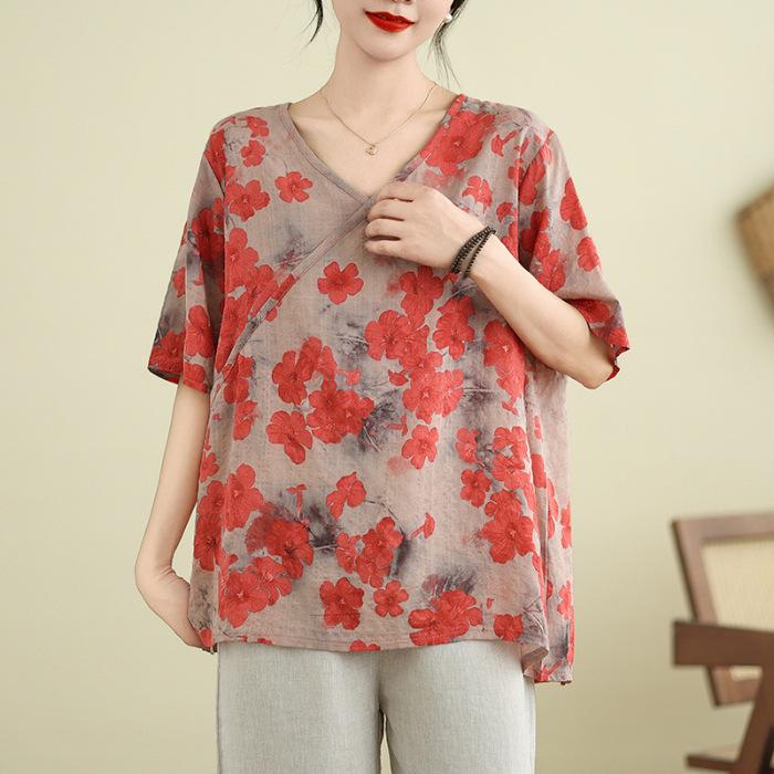 

Хлопок и Лен Женская Одежда Большого Размера на Лето Легкая, Свободная и Универсальная Повседневная в Новом Китайском Стиле Топ с Необычным Рукавом Пять Четвертей 3XL красный