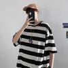 Men Summer T-shirt Striped Color Matching Half Sleeves Round Neck Loose Japanese Style Casual Daily Wear Teenager Streetwear Spring Top