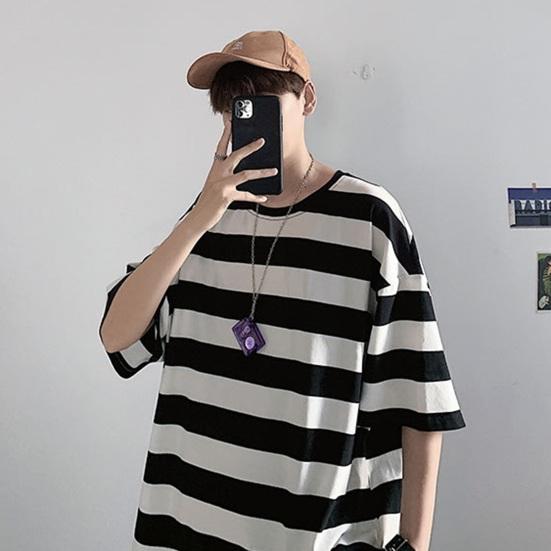 Men Summer T-shirt Striped Color Matching Half Sleeves Round Neck Loose Japanese Style Casual Daily Wear Teenager Streetwear Spring Top