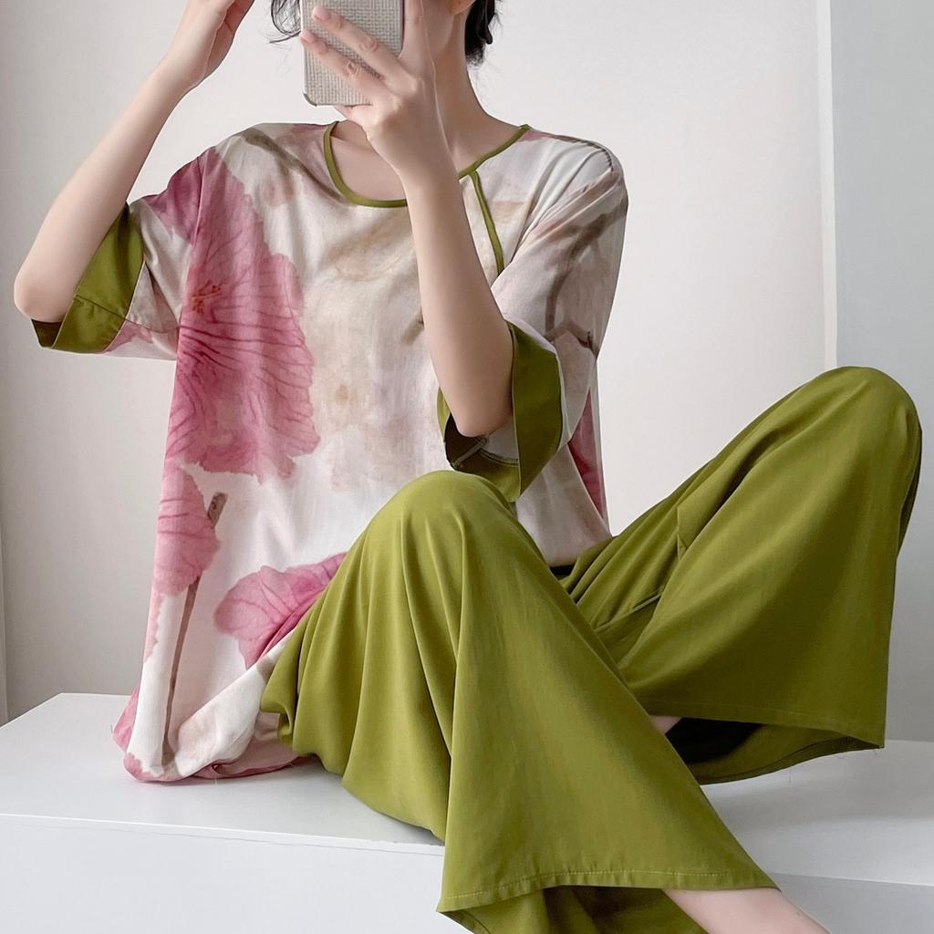 Hanfu pajamas women's spring summer new Chinese-style cotton and silk suit cotton silk medium-sleeved loose loungewear can be worn thin