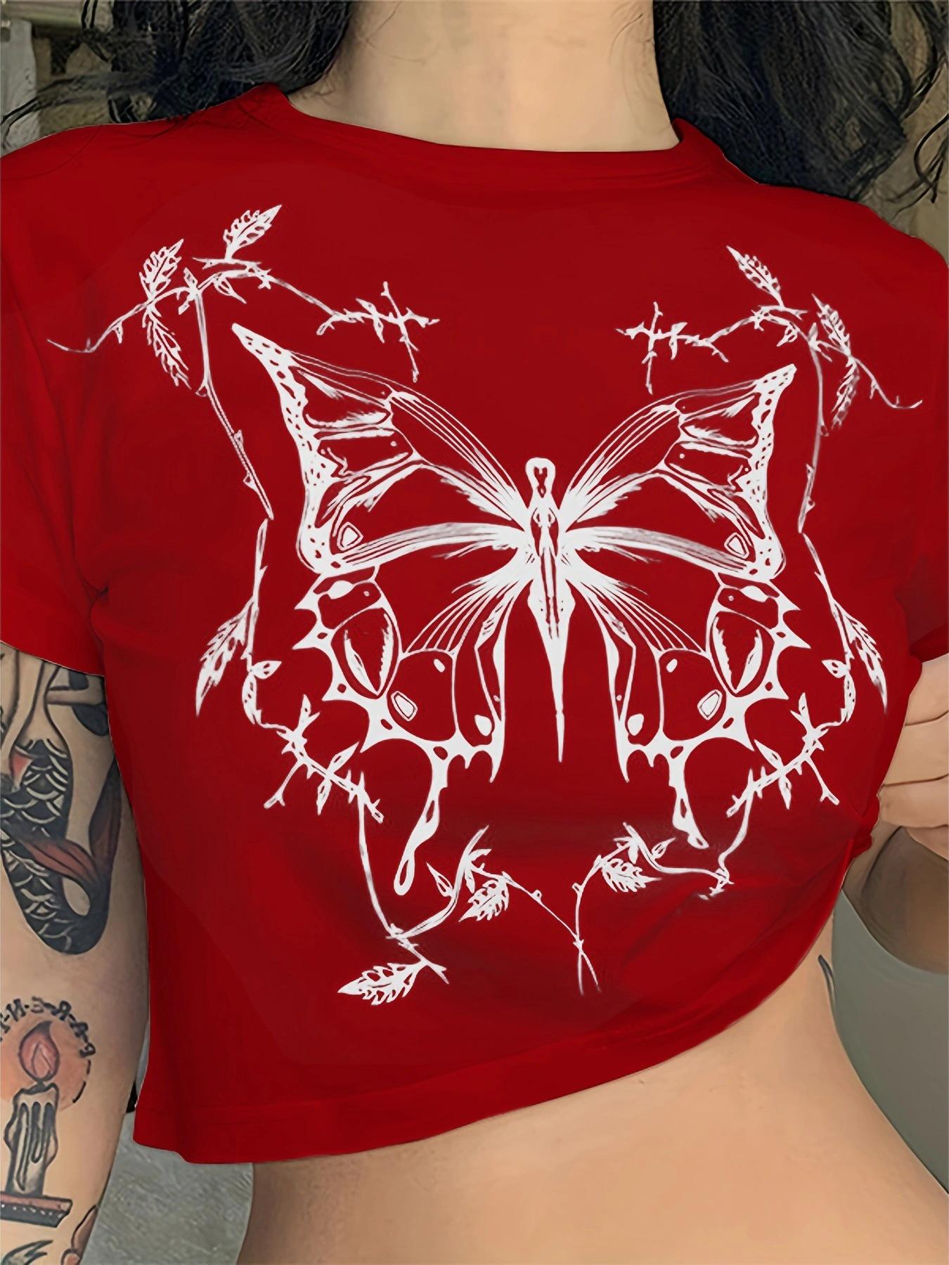 

Кроп-топ с принтом бабочек – Женская летняя мода, круглый вырез, короткий рукав Medium красный