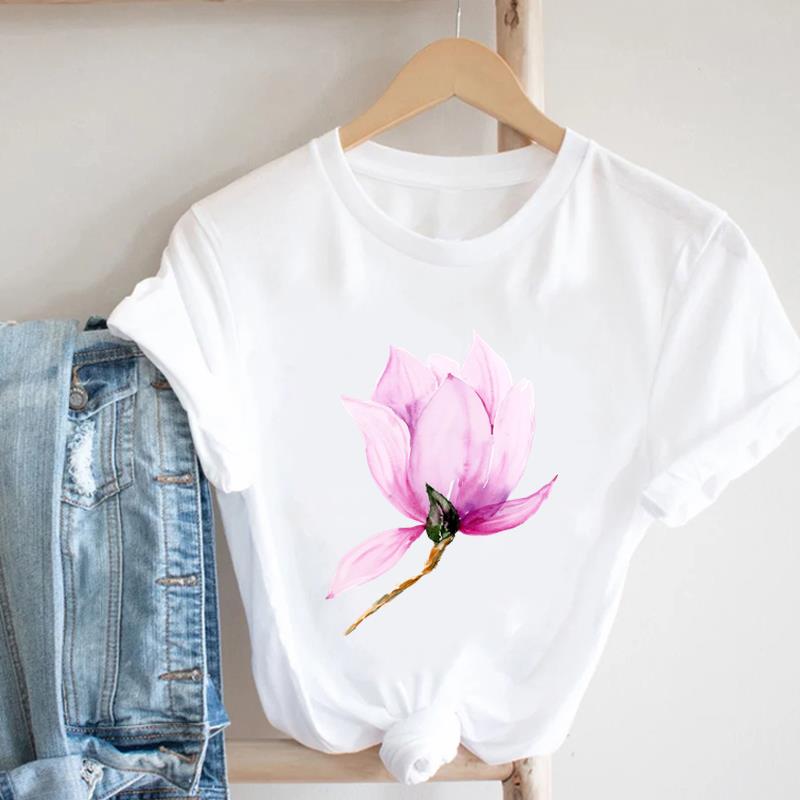 (European Size)  90s Print Tee Women Peace Flower Trend Cute Top Clothing Fashion T-shirt Lady Female Casual Short Sleeve Graphic T-shirt