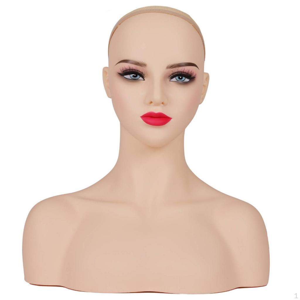 Mannequin Head with Shoulders Skin-Toned Hairpiece Stand Lifelike