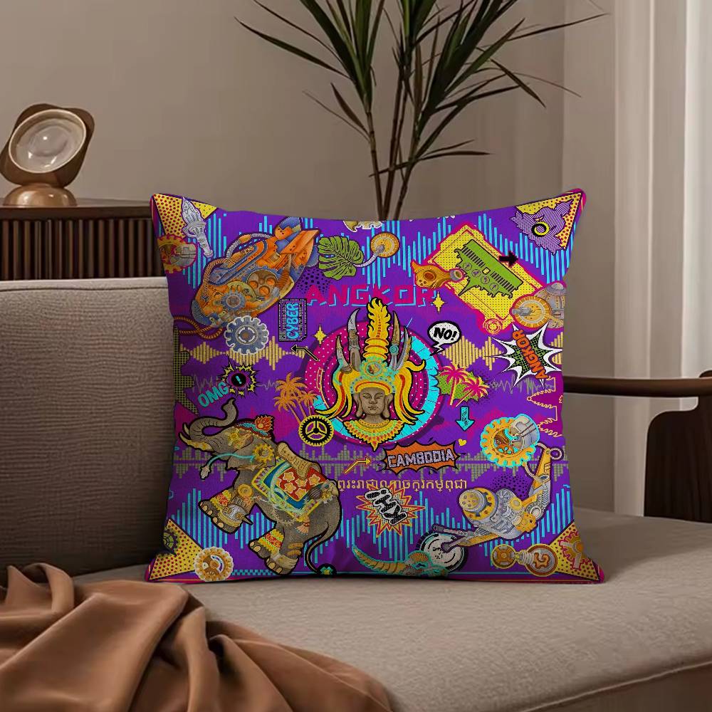 Cambodian Buddha Image Printing Pillow Case Anti-dustmite Pillowcase Invisible Zipper Silky Short Plush Sofa Cushion Cover