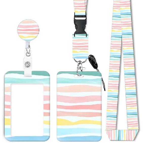 Держатель для ID-карты с выдвижным шнурком и брелоком, Бейдж-ролик с вращающимся карабином, Акварельный ботанический лист Шнурок для бейджа с именем ID Abstract Rainbow Stripe