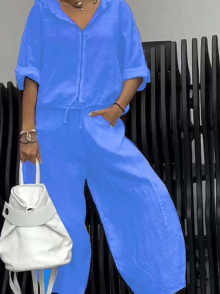 Women's White Casual Hooded Zip-Up Short Sleeve Top with Wide Leg Pants Set