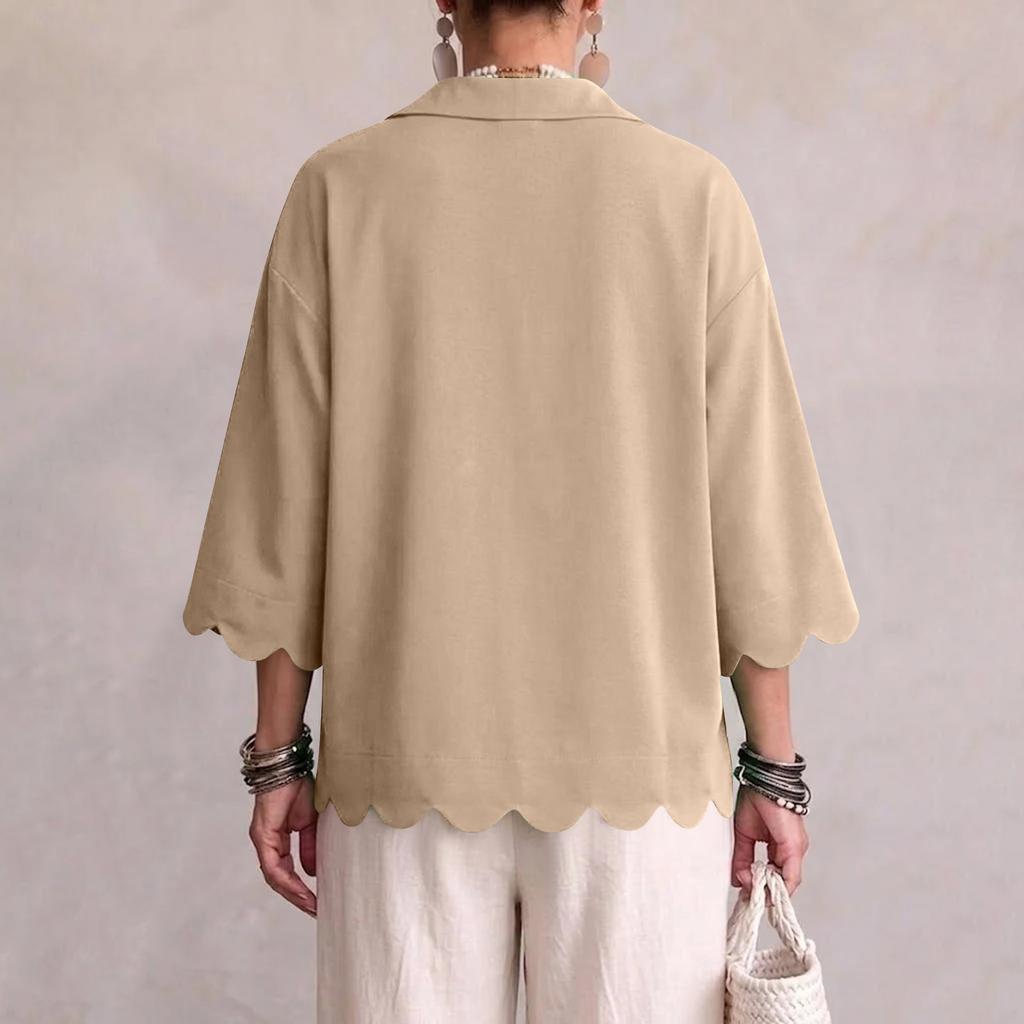 Women's V Neck Loose Fit Casual Blouse, Color Scalloped Hem Top