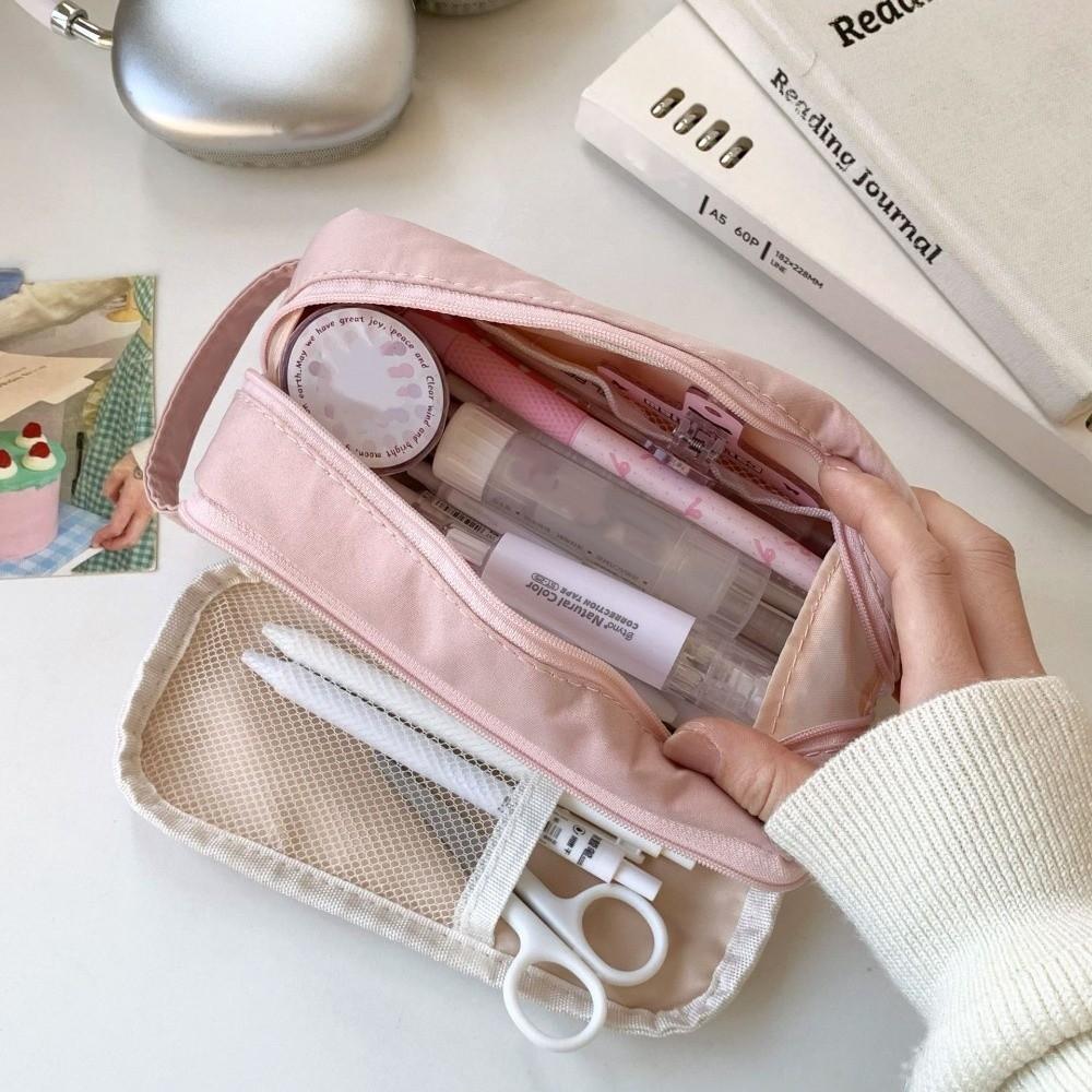 Pink Cloth Multilayer Pencil Case Large Capacity Solid Color Pencil Pouch Kids Children