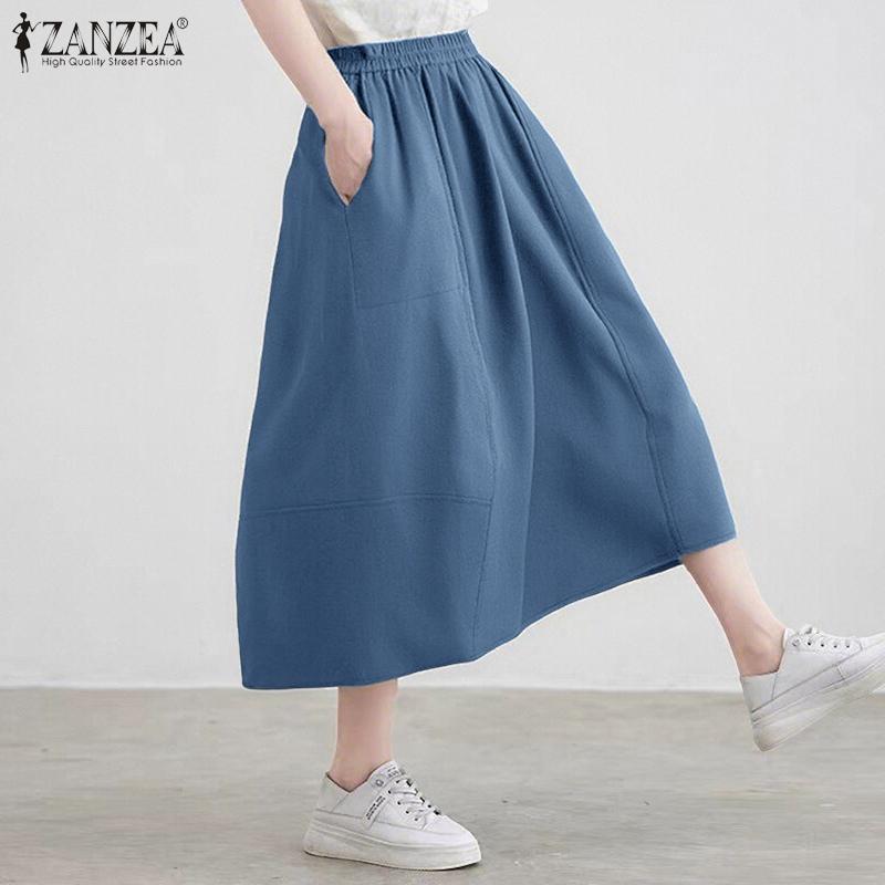 

ZANZEA Womens Summer Casual Elastic Waist Solid Color Loose Skirts чорний