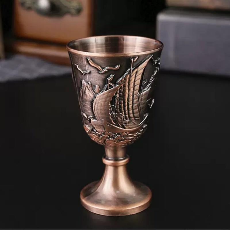 Holy Grail, Alloy Retro Relief Sailing Cup, European Portable Mini Vodka Glass, Creative Home Living Room Decoration Gift, 1pcs