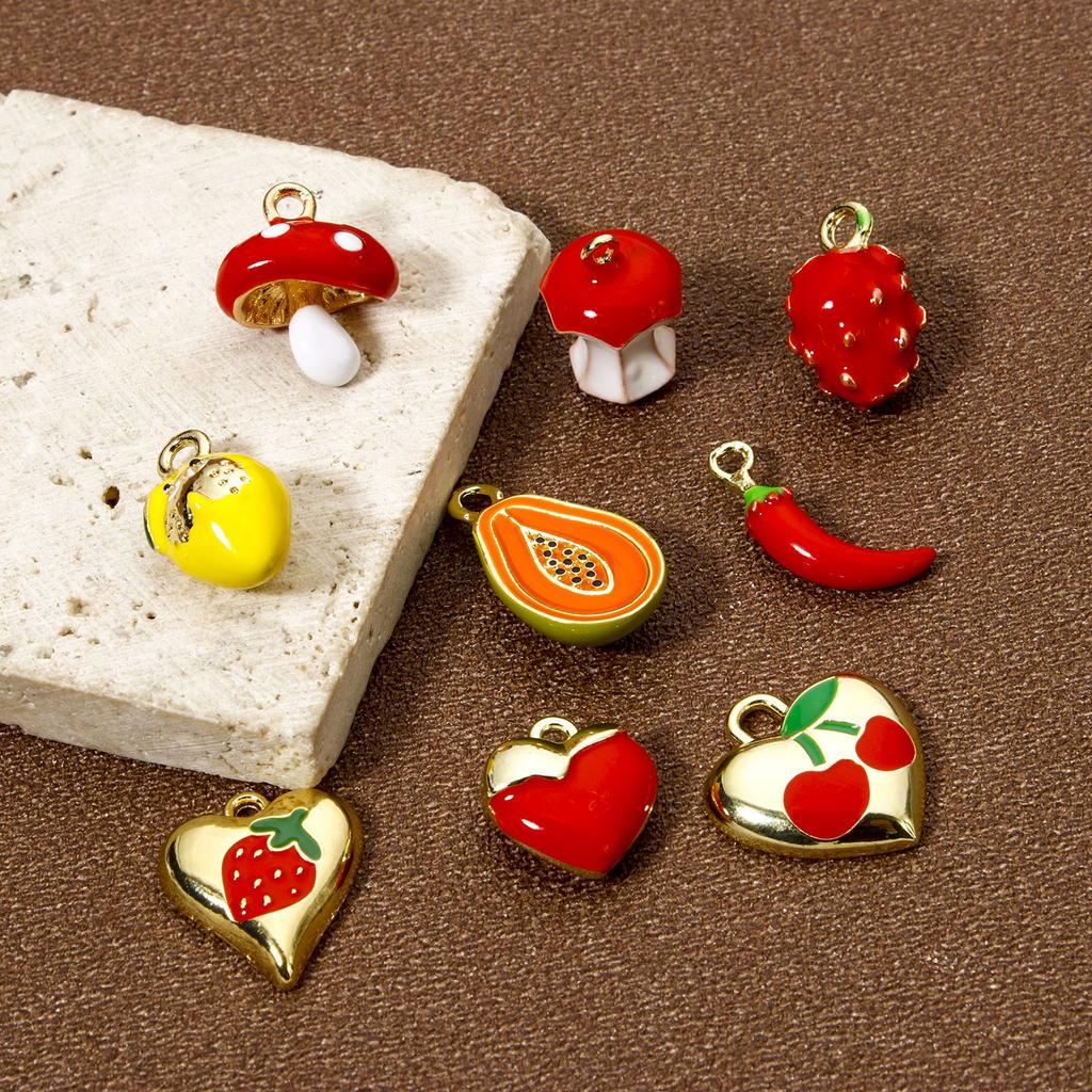 2PCs Brass Charms 18K Gold Plated Fruit Enamel Strawberry Apple Lemon Mushroom Pendants For DIY Necklace Bracelet Jewelry Making