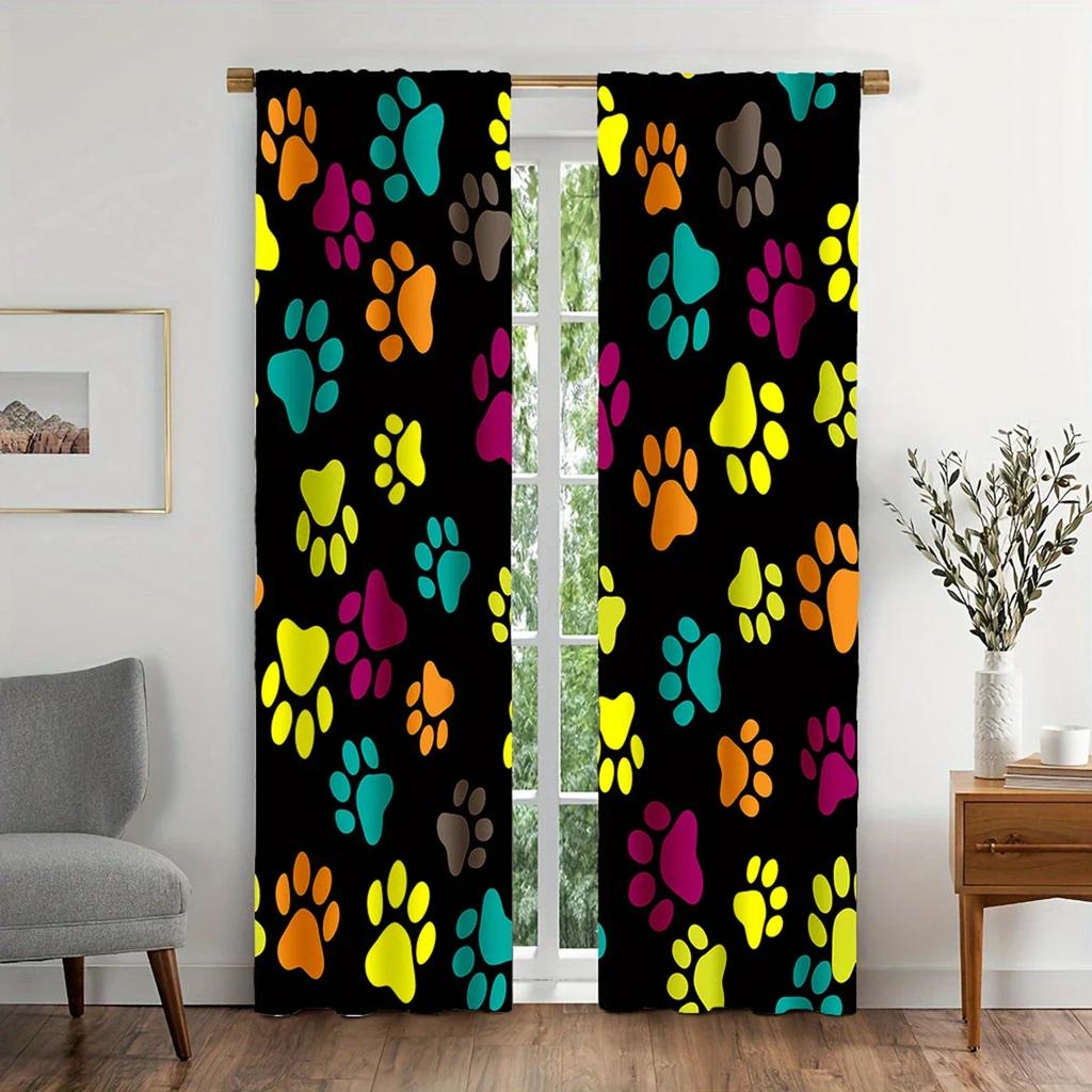 2pcs Colorful Pet Paw Print Pattern Curtains, Designed for Light Blocking, Premium Material, Suitable for Pet Lover's Room, Livi