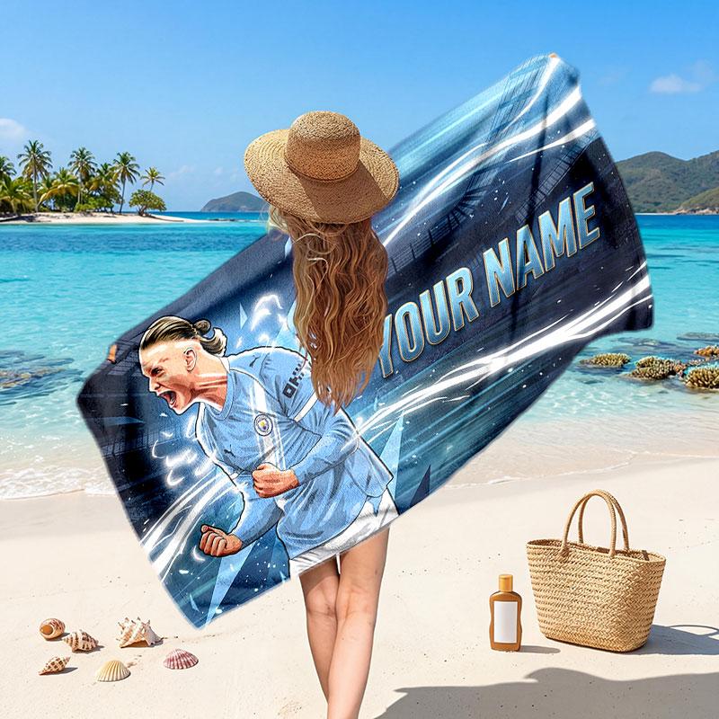 Erling Haaland Benutzerdefiniertes Strandtuch, Personalisierter Namens-Textdruck, Fußball-Logo Weiches Schnelltrocknendes Handtuch Urlaubsgeschenk