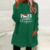 Autumn Winter Women's Christmas Print Round Neck Loose Long Sleeve Pocket Plush Hoodie