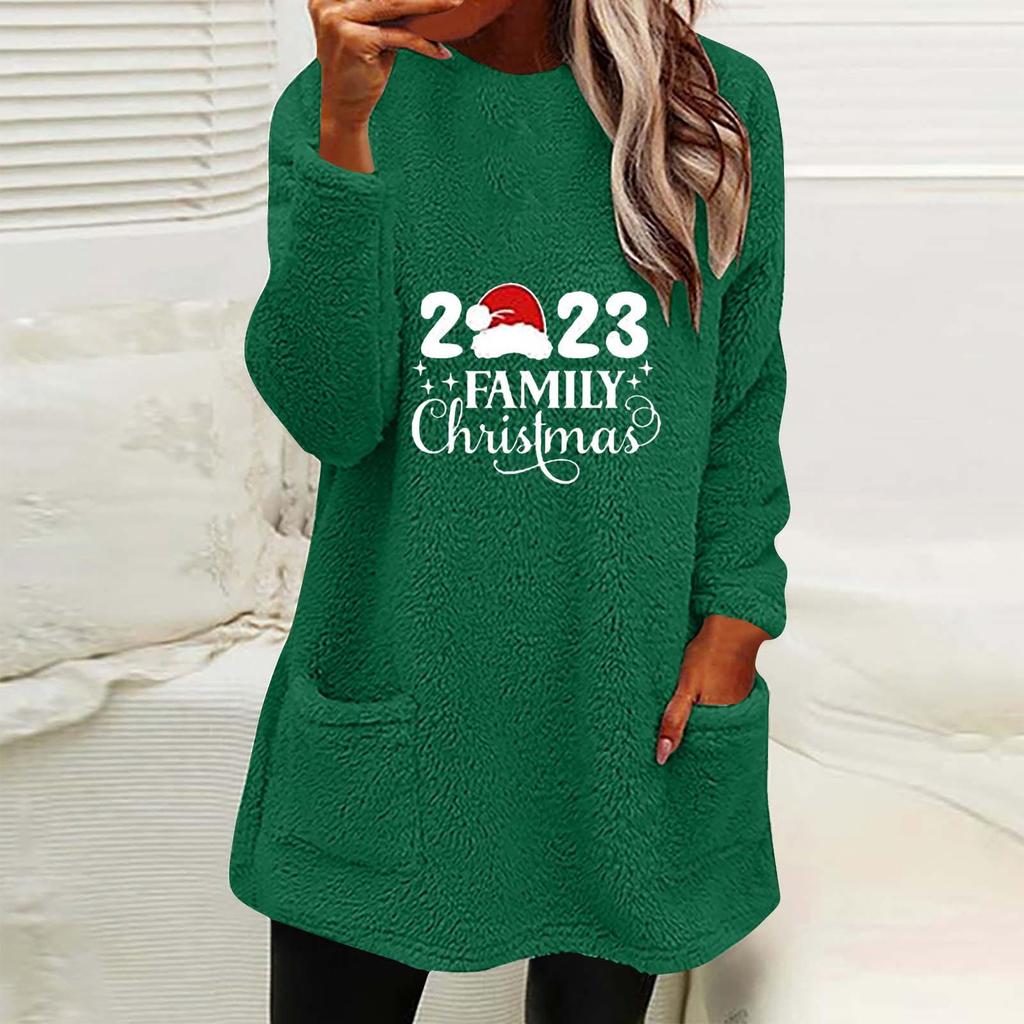 Autumn Winter Women's Christmas Print Round Neck Loose Long Sleeve Pocket Plush Hoodie