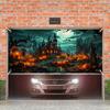 Modern-style Halloween garage door banner - creepy castle and pumpkin prints, durable polyester