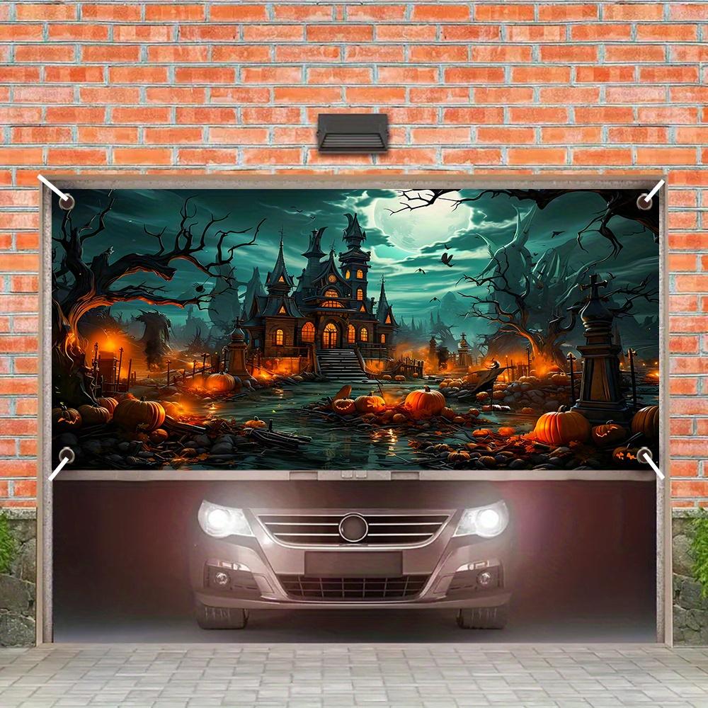 Modern-style Halloween garage door banner - creepy castle and pumpkin prints, durable polyester