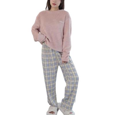 Kariertes flauschiges Oberteil und lange lockere warme Loungewear für Herbst und Winter [7-livehouse] Damenpyjama, Set, Muster, Fleecegefüttert