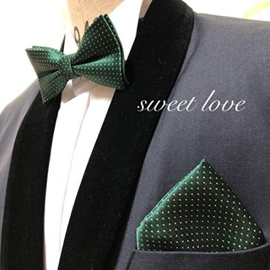 Small Dot Green Bow Tie & Pocket Square 2-Piece Set for Men - One-Touch FormalCasual - Green