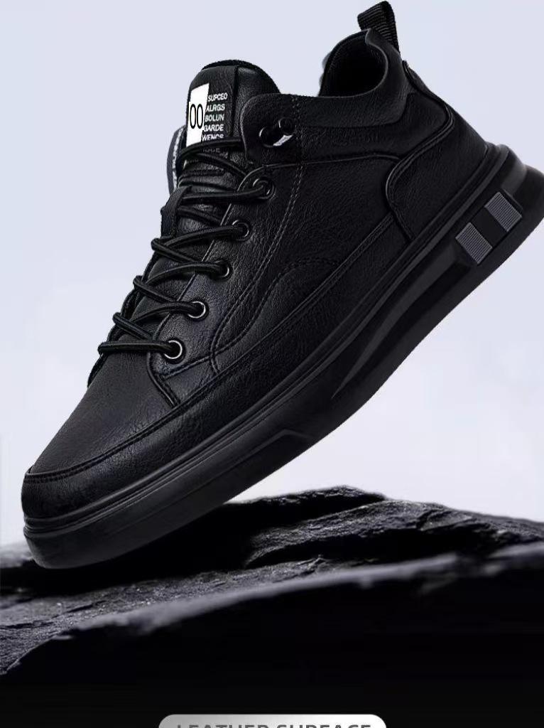 Waterproof Black Leather Lace-up Casual Men's Board Shoes: Trendy, Versatile, Comfortable.
