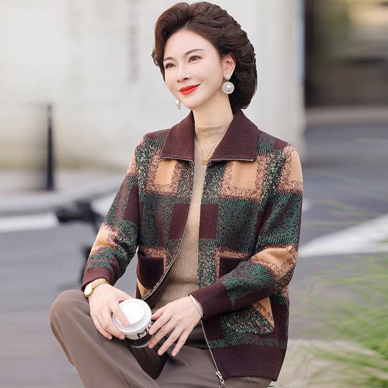 Karriertes Koreanisches Samt-Revers-Reißverschluss-Strickjacke für mittelalte und ältere Frauen – Herbst/Winter Strickwarenmantel