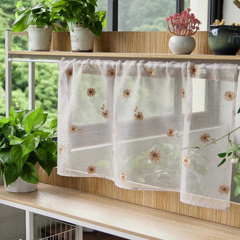 Double Layer High-End Embroidered Kitchen Cabinet Blackout Café Curtain