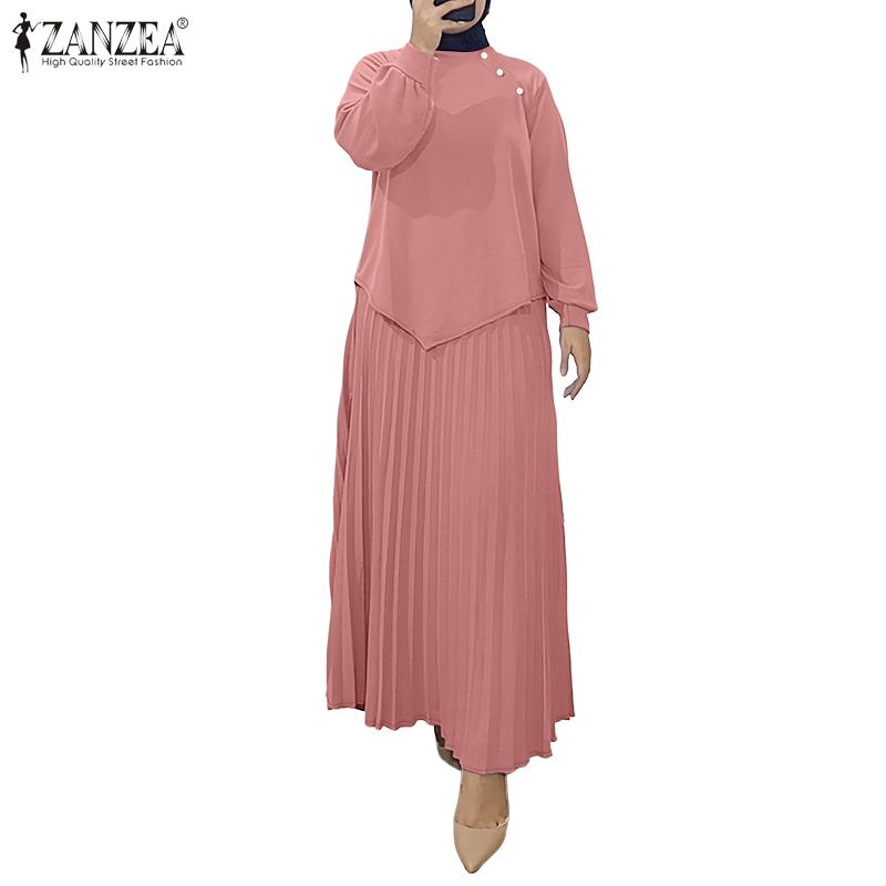 ZANZEA Women Long Sleeve Blouse and Long Pleated Skirts Casual Two Piece Suit Sets