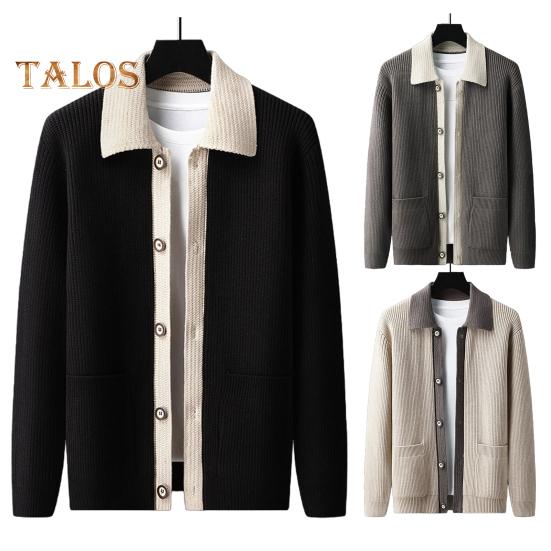 Casaco suéter masculino grosso com botões e fechamento em bloco de cores, gola virada para baixo, malha solta, casaco quente para outono e inverno, cardigan, agasalho