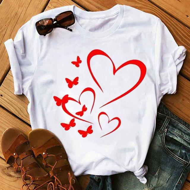 

Women T Shirt Butterfly Heart Print T Shirt Female Summer Casual Cute Graphic Tee Tops Women Summer Funny Harajuku T-Shirts Tops XXXL білий