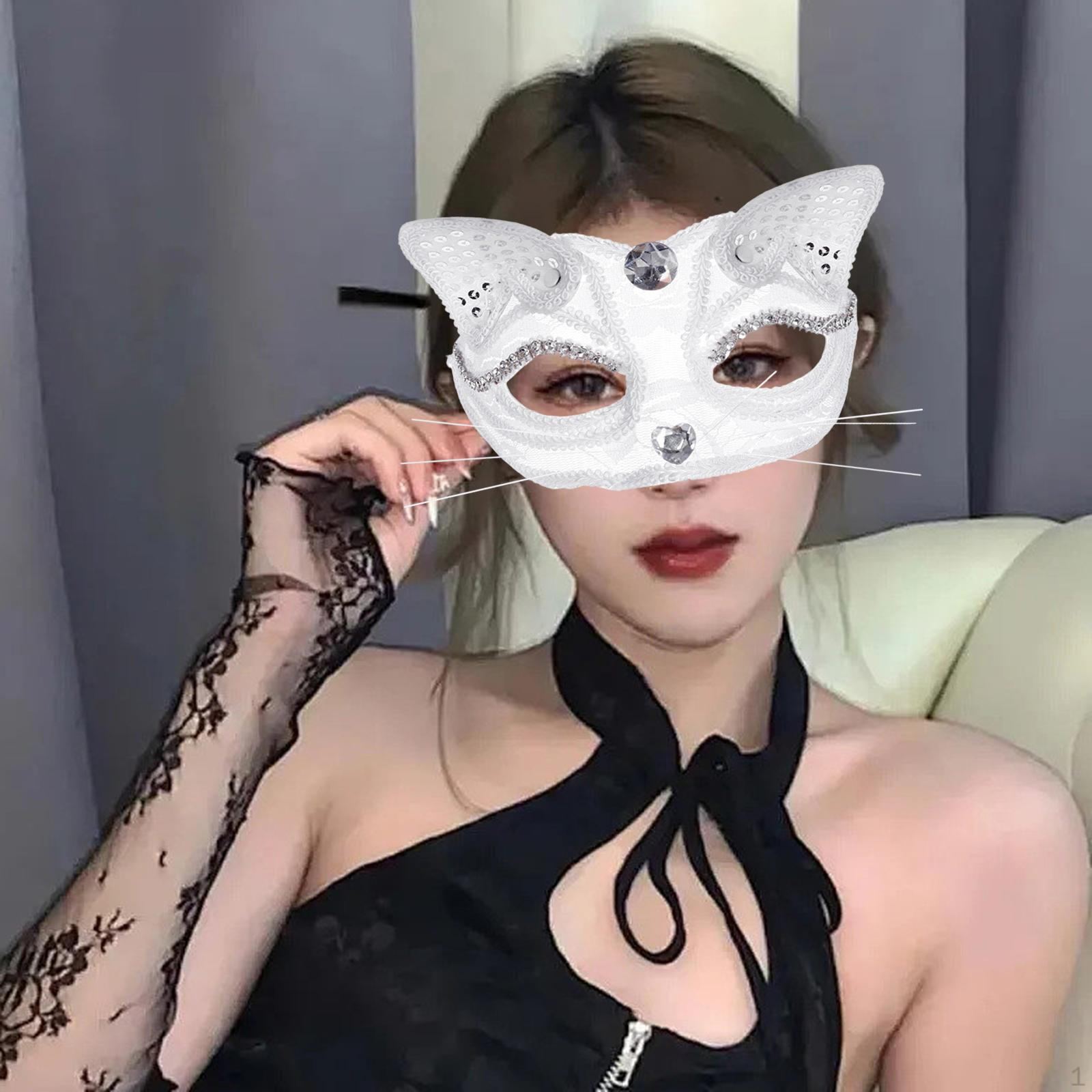 Элегантная маска кошки со сверкающими стразами - Идеально подходит для сценических выступлений и тематических вечеринок белый