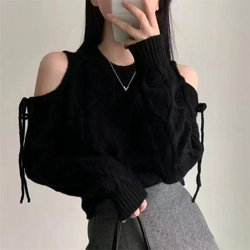 

Свитер женский пуловер с открытыми плечами, милый корейский стиль, осень-зима, завязка-бант, шнуровка, повседневные вязаные топы с круглым вырезом, свободный крой, длинный рукав, одежда one size