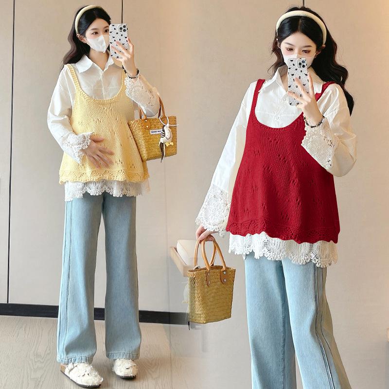 2026 Spring Maternity Polka Dot Hollow Camisole Vest + Shirt Set M