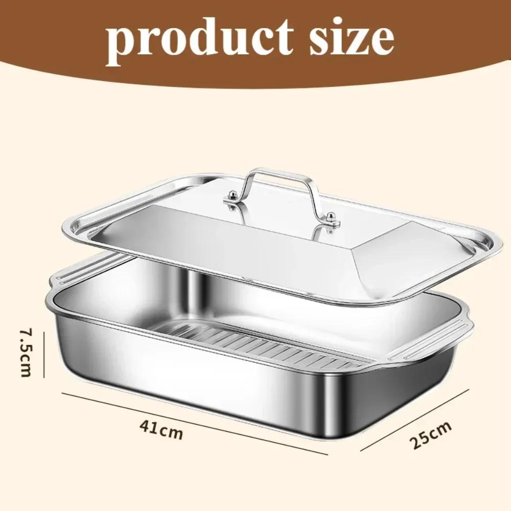 Stainless Steel Deep Baking Pan with Lids Multifunction Rectangular Oven-Safe Baing Pans for Kitchen Seafood Grilled Fish Pans