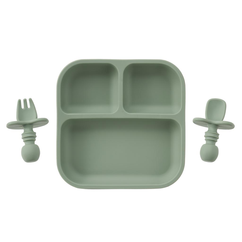 Color Kids 3PC BPA-Free Silicone Baby Feeding Set Sucker Dishes Plates Training Fork Spoon Weaning Tableware Kids Christmas Gift