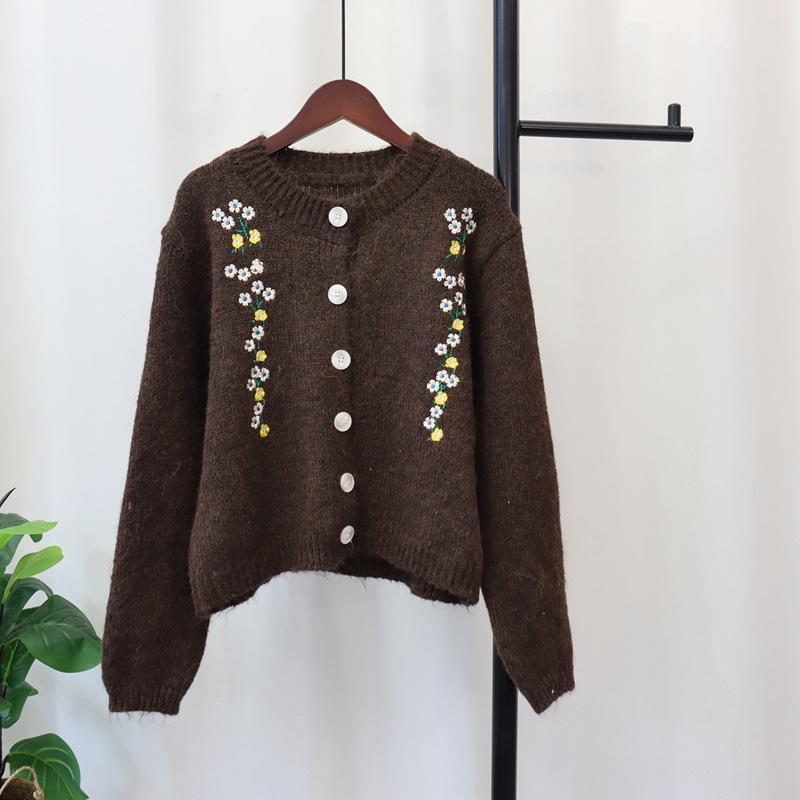 Autumn and Winter New Sweet Age-reducing Crew Neck Embroidered Knitted Cardigan Soft Waxy Sweater Jacket Women