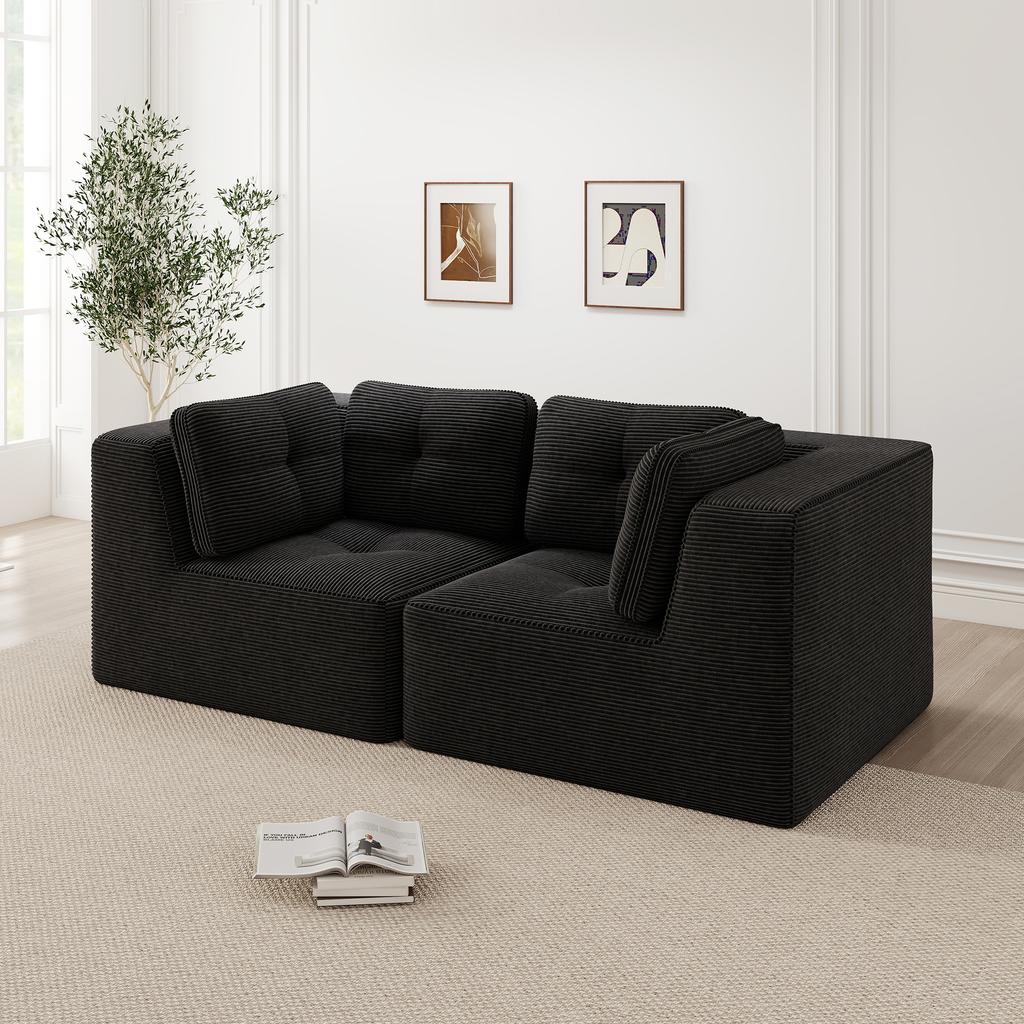Modular and configurable corner sofa, two-seater frameless sofa, comfortable corduroy sofa, suitable for living room and bedroom, Black