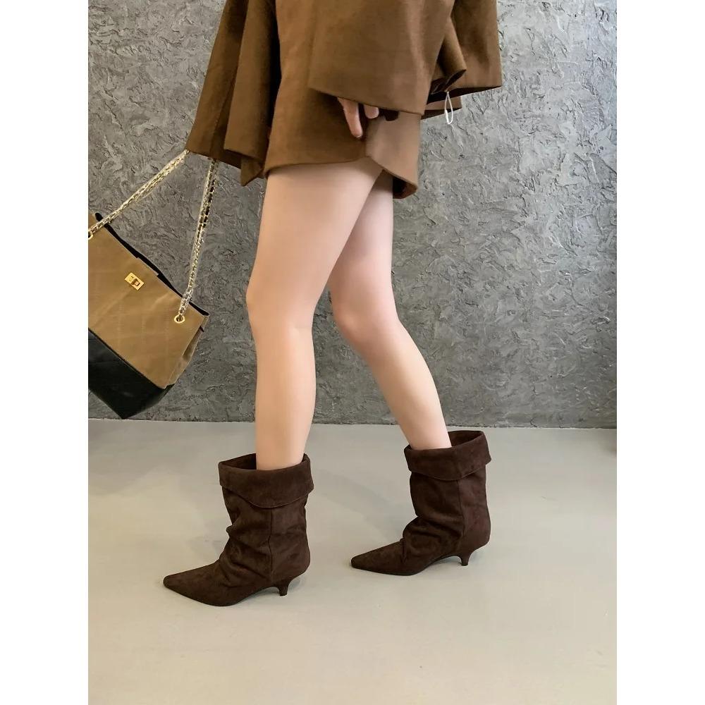Damen-Ankle Boots Vintage Spitz zulaufend Dünne Niedrige Absätze Schuhe Herbst Winter Kurze Stiefel