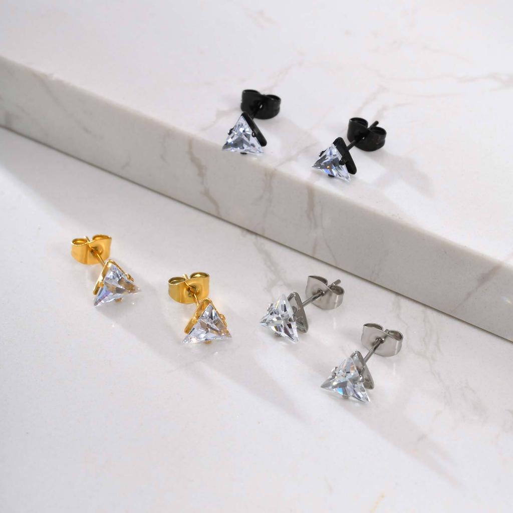 AAA CZ Stone Stud Earrings for Men Boys,Small Triangle Metal Earrings with Stainless Steel Butterfly Buckle,Casual Jewelry Gifts