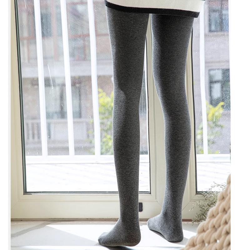 Grey Vertical Stripe High-Waisted Leggings for Women with Thin Fleece, Footed Tights, and Thickened Design for Autumn and Winter.