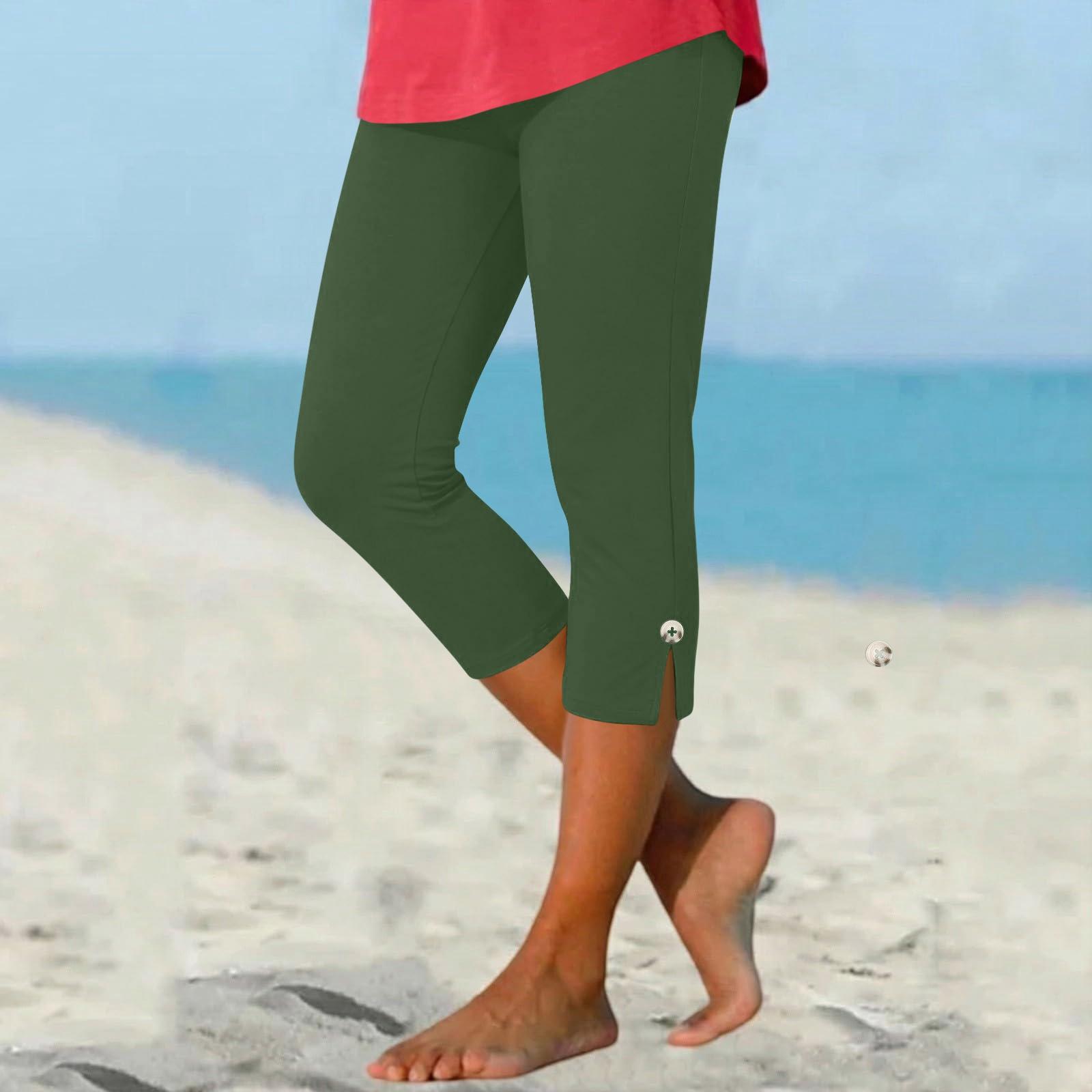 Women s Summer Fashion Color Elastic Waist Sports Yoga Button Casual Cropped Pants L армия зеленый