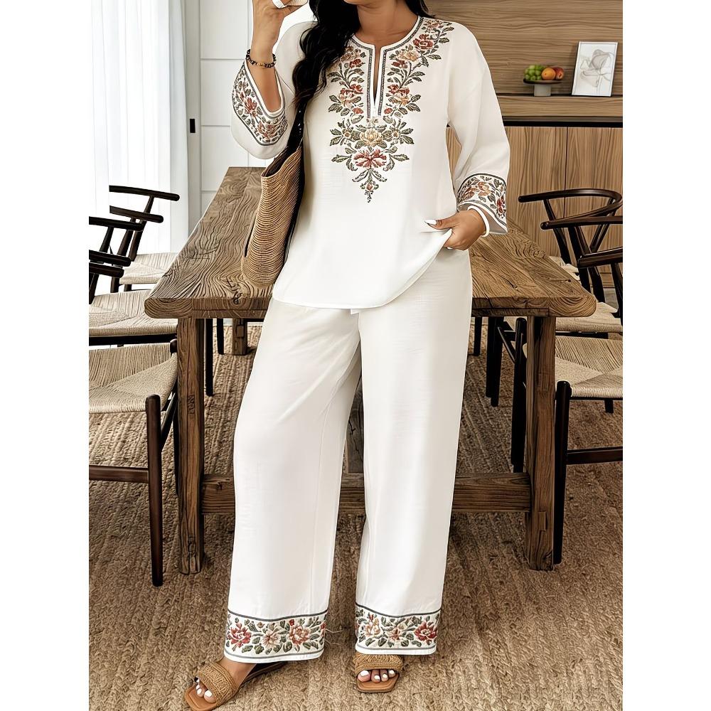 Damen Frühling Sommer Neues 2-teiliges Outfit, V-Ausschnitt 3/4-Ärmel Knopfleiste Hemd & Bedruckte Elastische Taille Lange Hose Set, Digitaldruck Maschine Lässiger Anzug