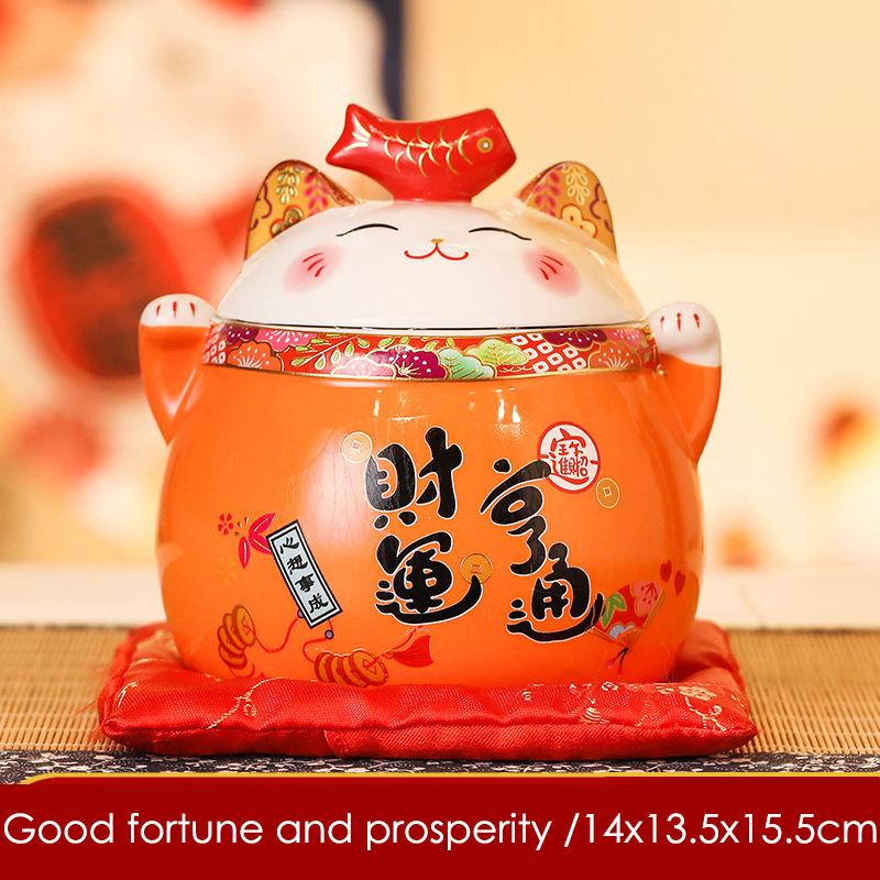 6 Inch Ceramic Maneki Neko Ornament Home Decoration Lucky Cat Figure Tabletop Candy Dish Cookie Canister Koi Fish Lid