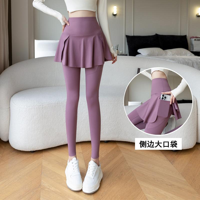 Women's Fake Two‑Piece Skirt Leggings Nine‑Point Yoga Pants High‑Elastic Pocket Large Size Base Layer Bottoms Sexy Street Style