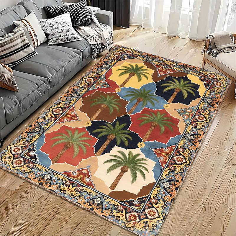 Tropical Palm Tree Pattern Area Rug with Vintage Border Design Suitable for use as an anti-slip for living room bedroom sofas