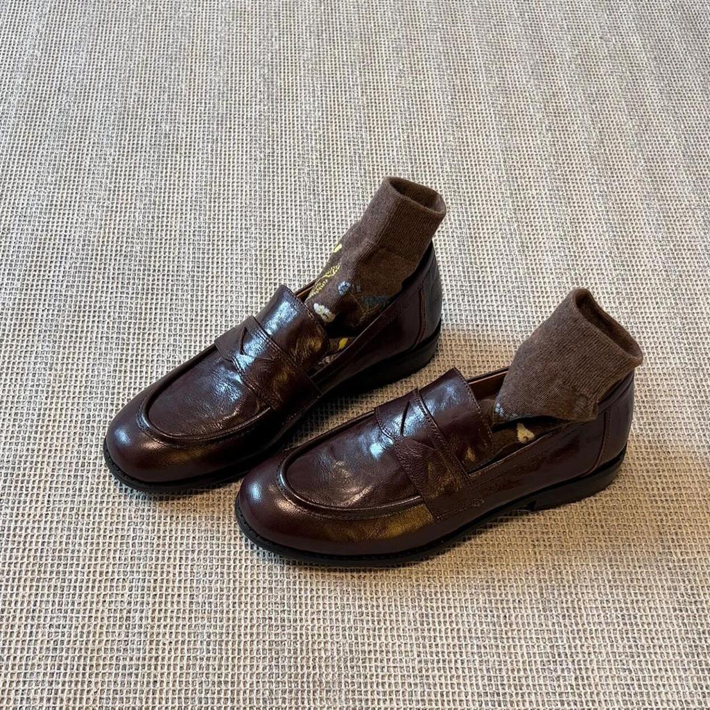 Sheepskin Version~ Retro Leather One-pedal Lazy Shoes Women's Thick Heel Flat-soled Single Shoes British Style Small Leather Shoes Loafers