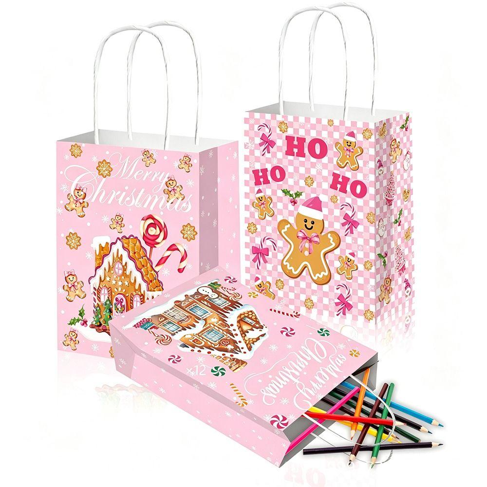 Various Styles Paper Goodie Bags 12 Pcs Kraft Christmas Bags Christmas Gift Bags  For Xmas Decor